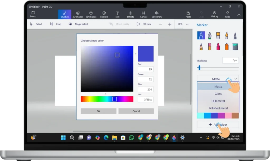 Paint 3D 15 mate and choose color in bruses