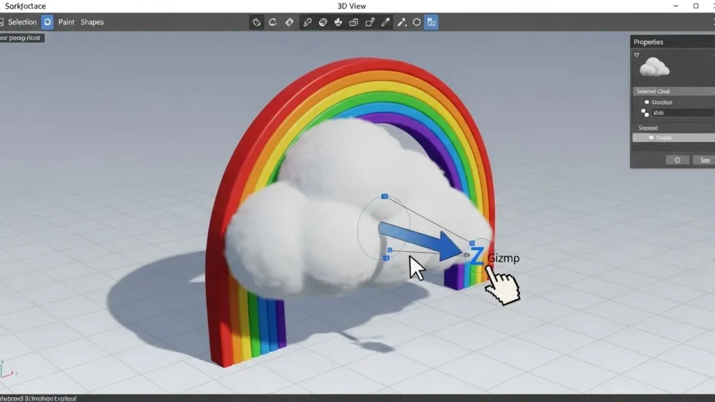 How to Convert 2D Drawings into 3D Models Seamlessly using Paint 3D 3 User adjusting the depth of 3D clouds to sit in front of a 3D rainbow using the Z-axis handle.