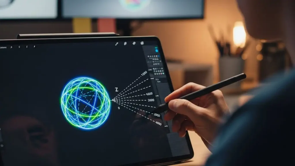 How to Create Stunning 3D Art with Paint 3D: Top 10 Expert Tips 2 Digital artist demonstrating depth perception by manipulating a 3D object on a tablet.