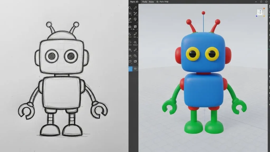 How to Convert 2D Drawings into 3D Models Seamlessly using Paint 3D 1 Conceptual image showing a 2D drawing of a character lifting off the paper and becoming a 3D model in Paint 3D