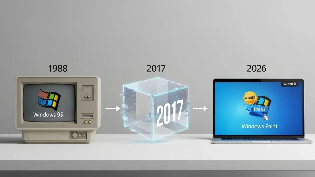 MS Paint vs Paint 3D in 2026: Why the Classic Won (And What to Use Now) 1 Timeline illustration showing the history of MS Paint from 1985 to the deprecation of Paint 3D and the modern 2026 version.