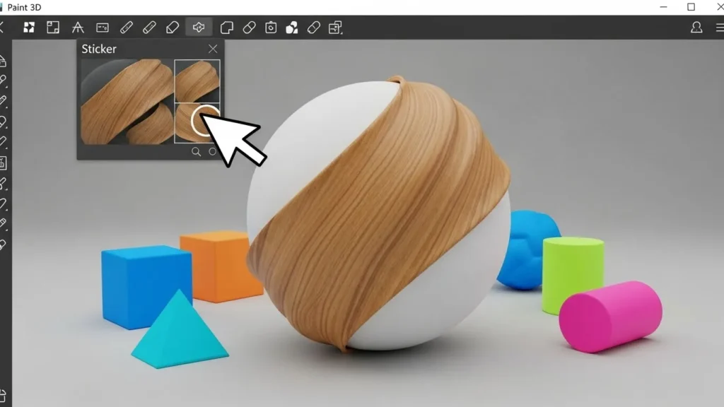 MS Paint vs Paint 3D in 2026: Why the Classic Won (And What to Use Now) 4 Demonstation of the sticker tool in Paint 3D wrapping a texture around a 3D sphere.